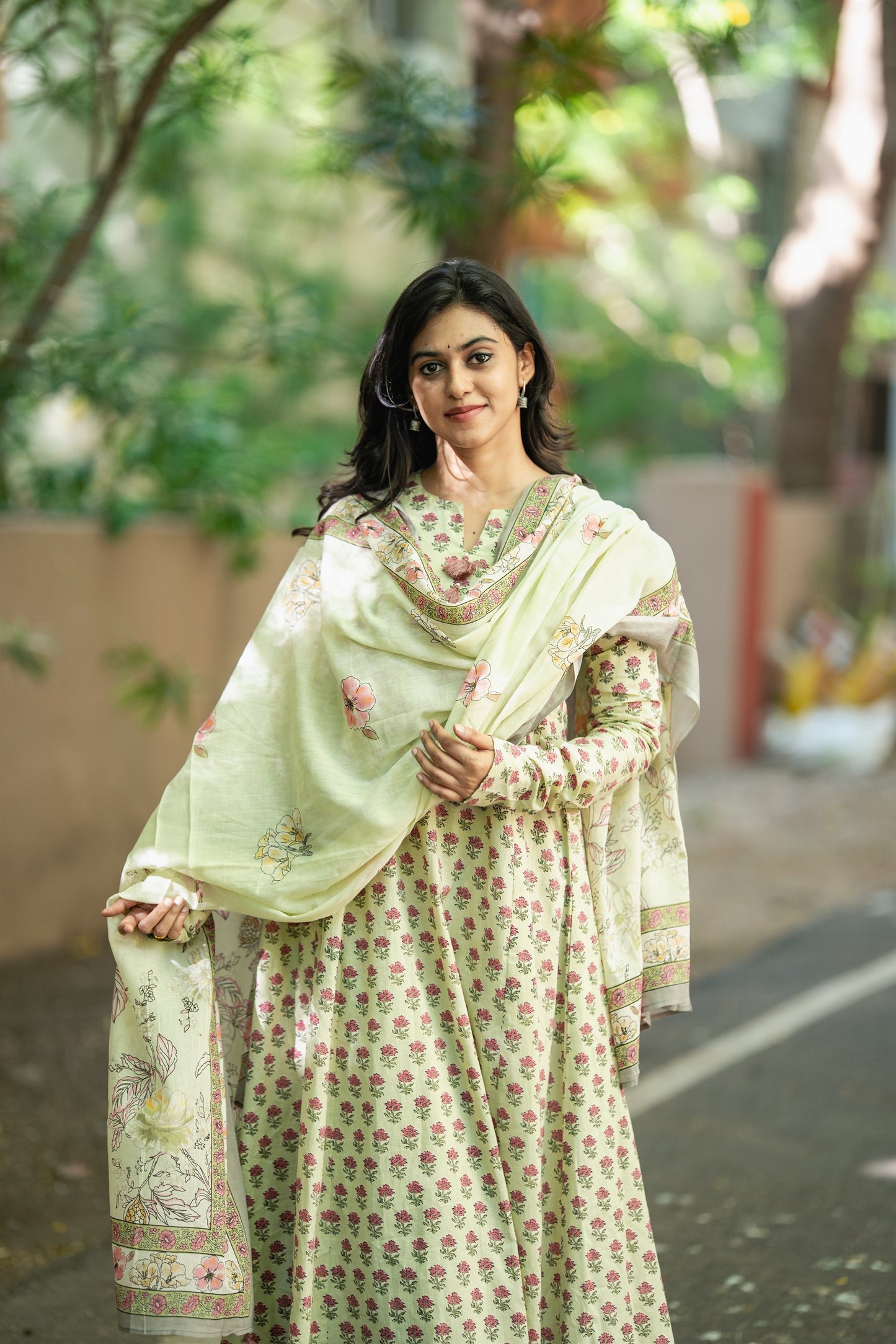 Mogra Sage Green Cotton Anarkali Suit Set