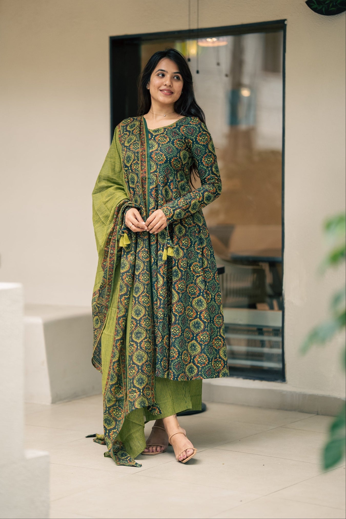 Falak Ajrakh Print Cotton Anarkali Suit Set