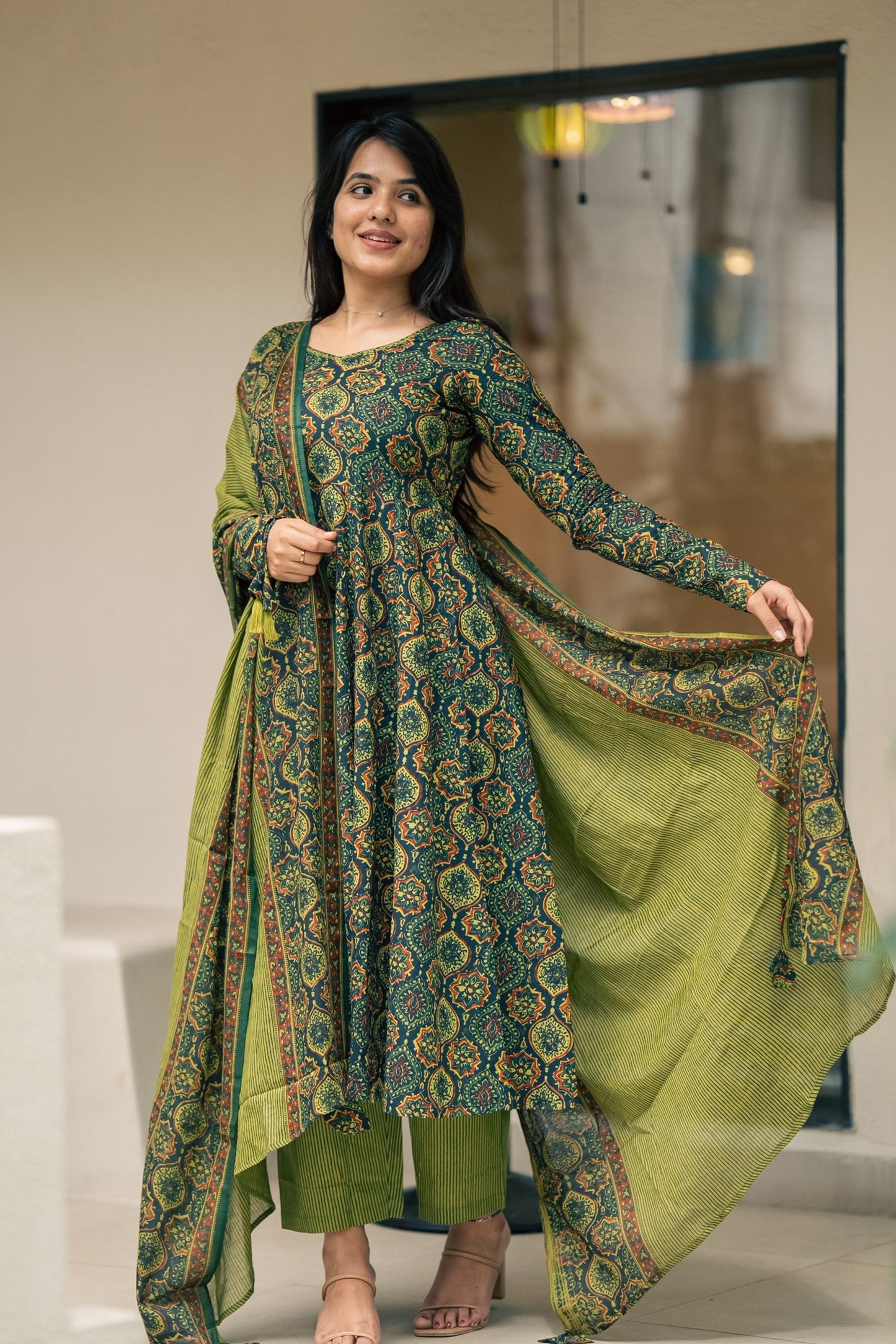 Falak Ajrakh Print Cotton Anarkali Suit Set