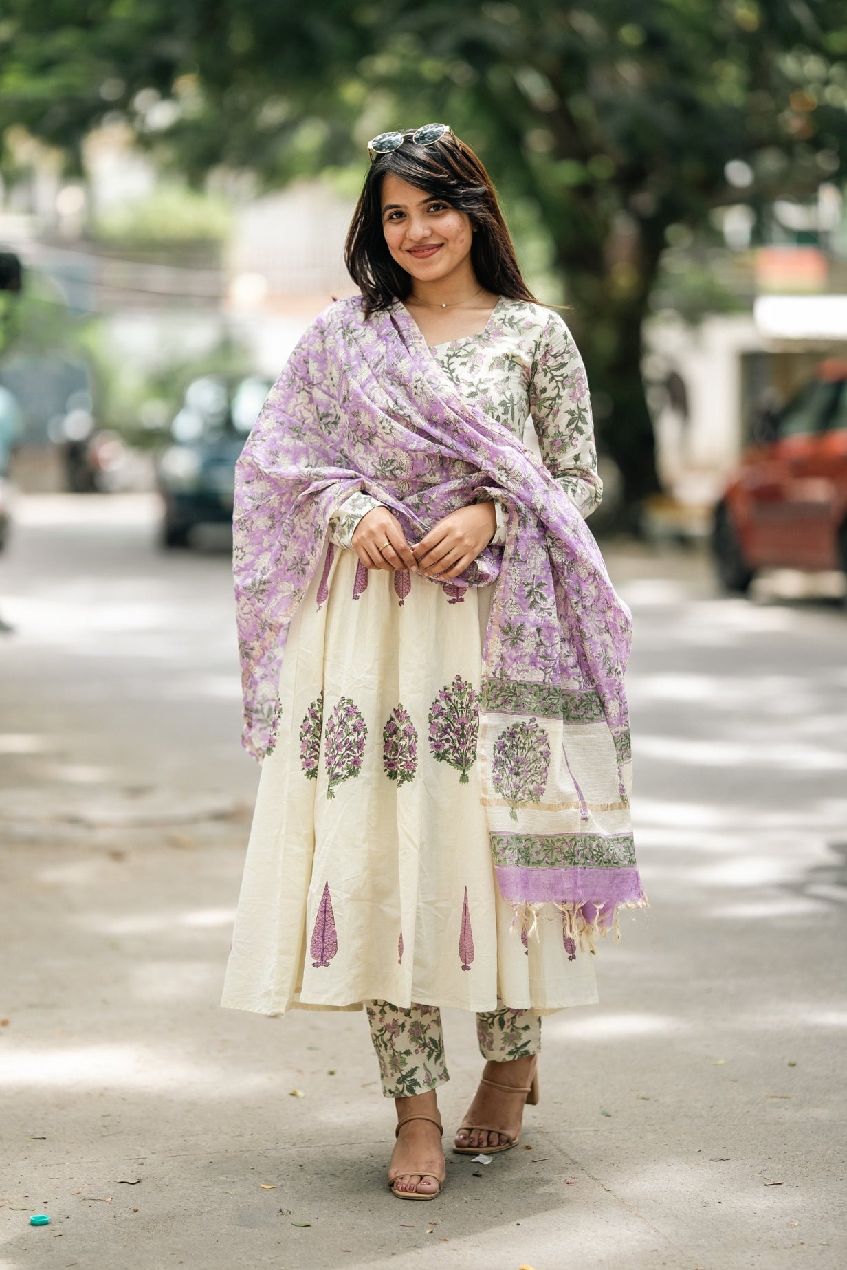 Gulnaar Hand Block Cotton Anarkali Suit Set