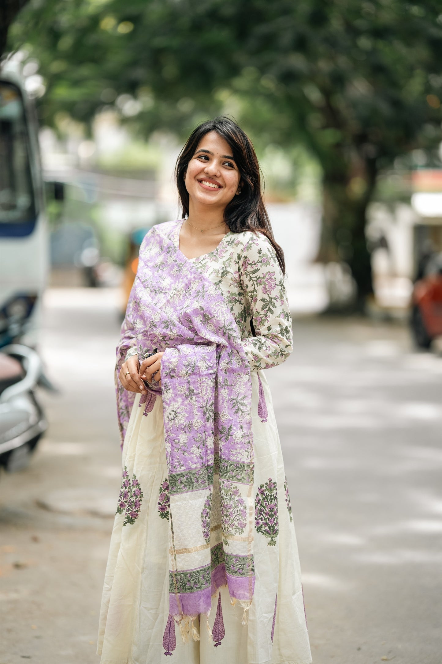 Gulnaar Hand Block Cotton Anarkali Suit Set