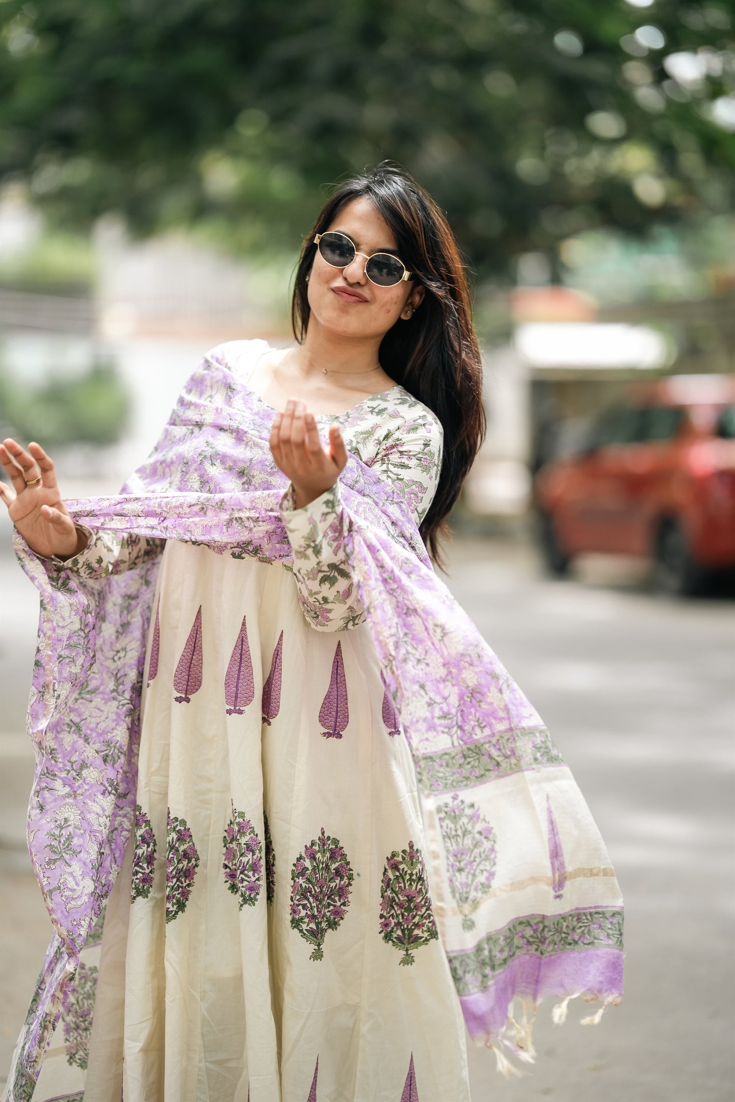 Gulnaar Hand Block Cotton Anarkali Suit Set