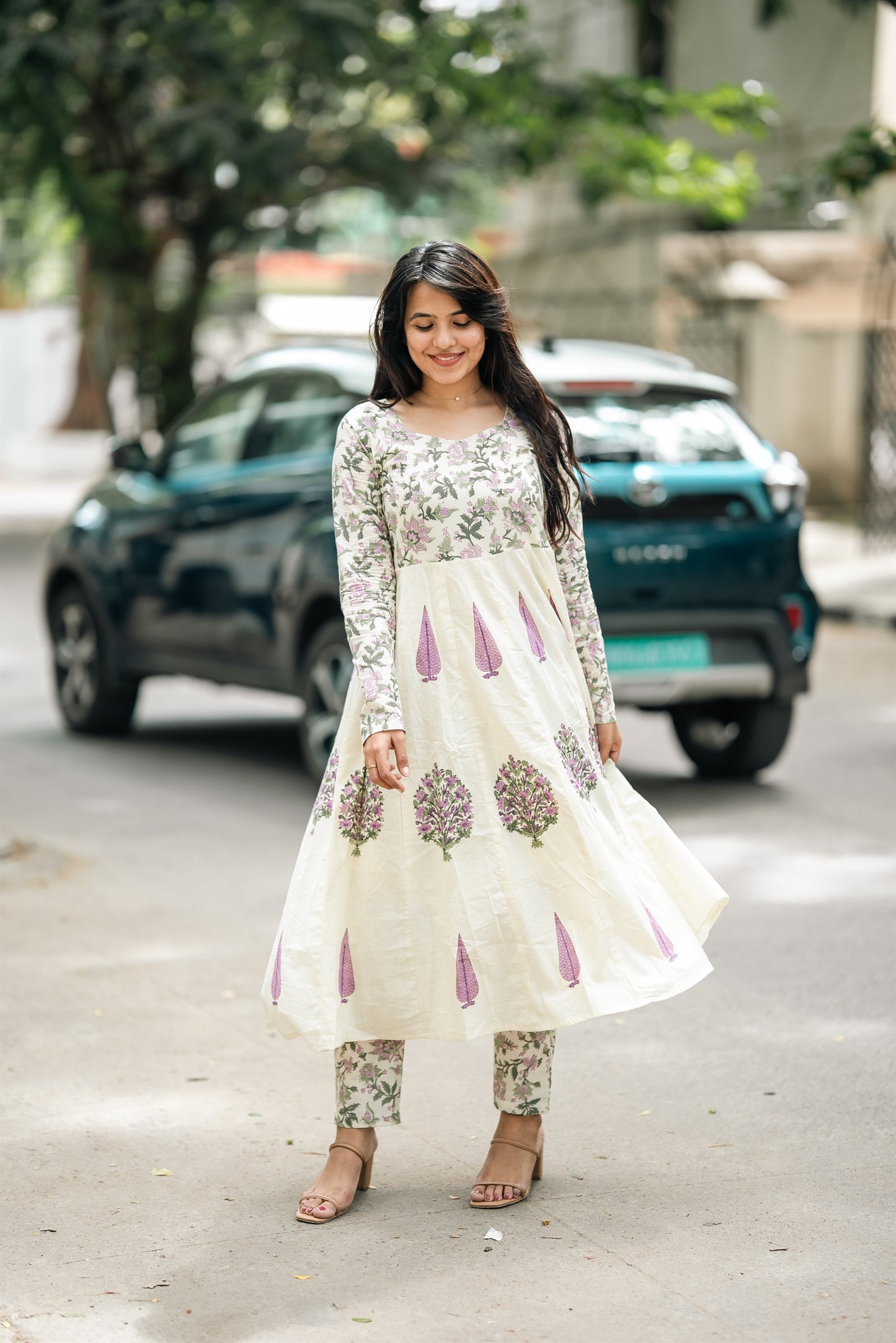Gulnaar Hand Block Cotton Anarkali Suit Set