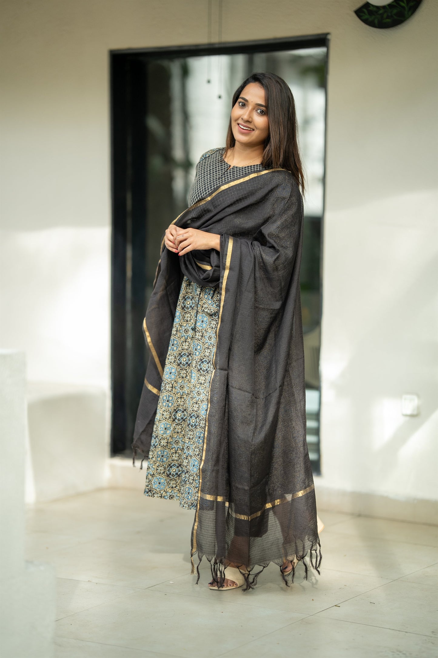 Siyahi Ajrakh Print Cotton Anarkali Suit Set