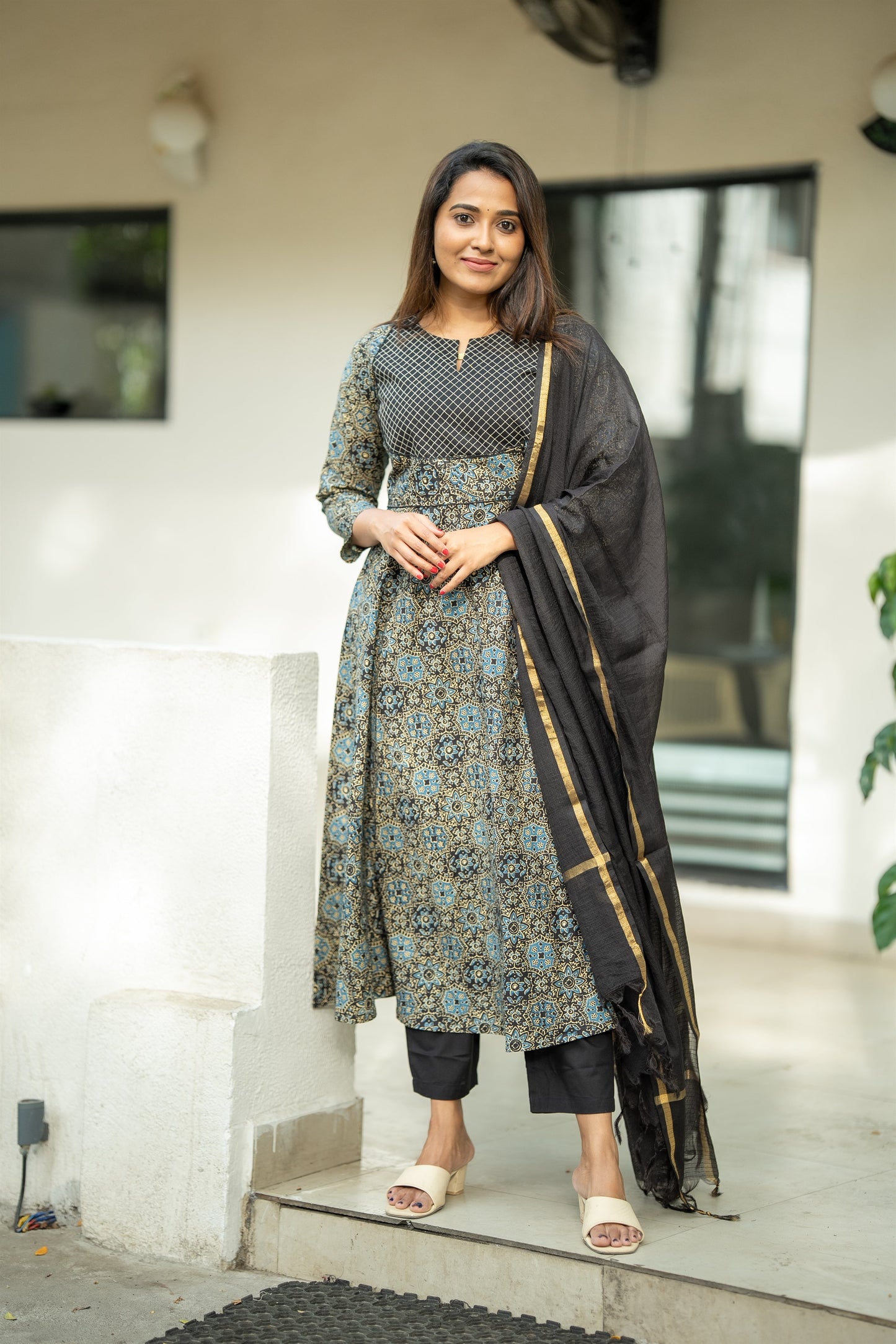 Siyahi Ajrakh Print Cotton Anarkali Suit Set