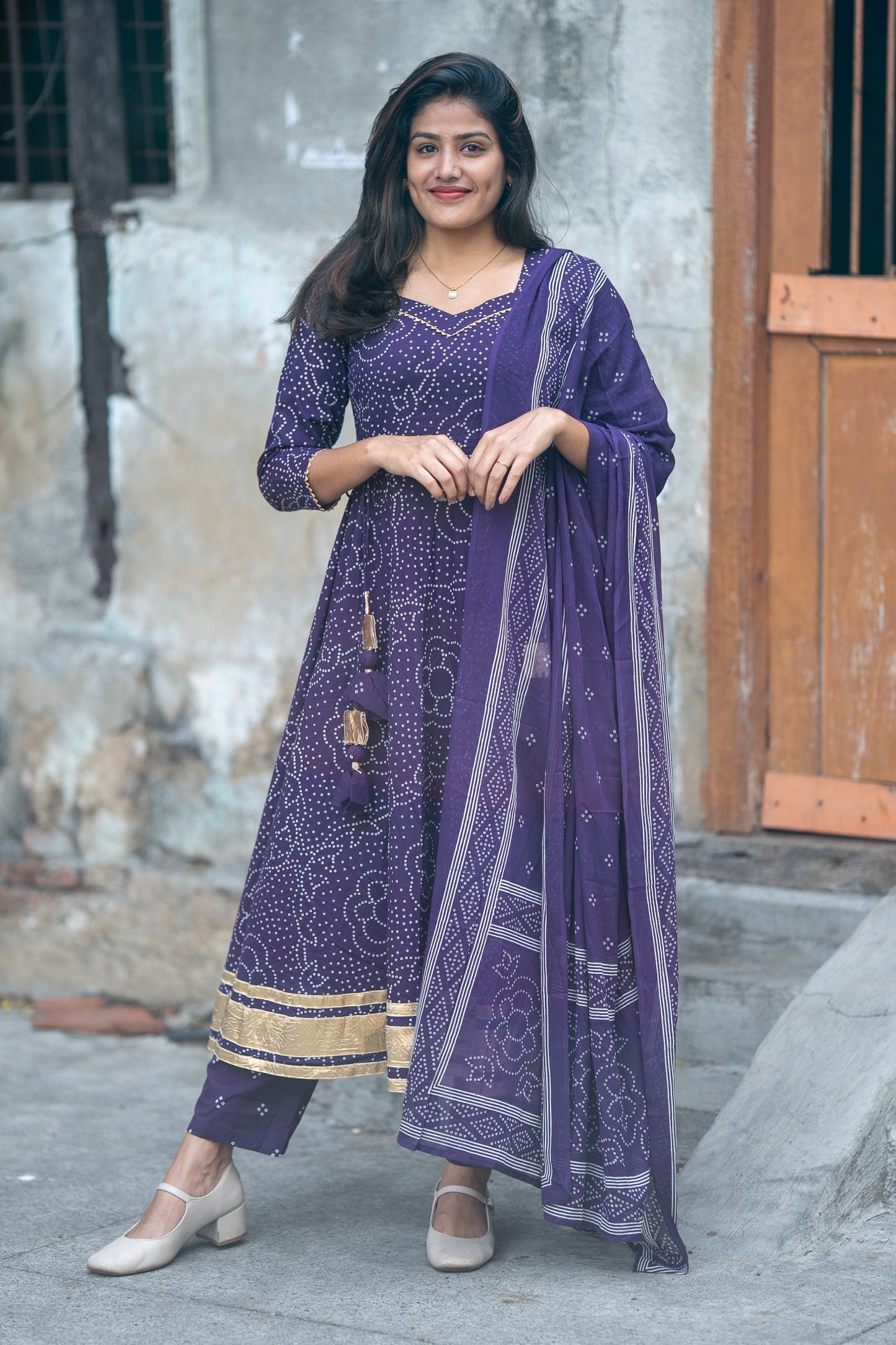 Gulbandh Purple Bandhani Anarkali Suit Set
