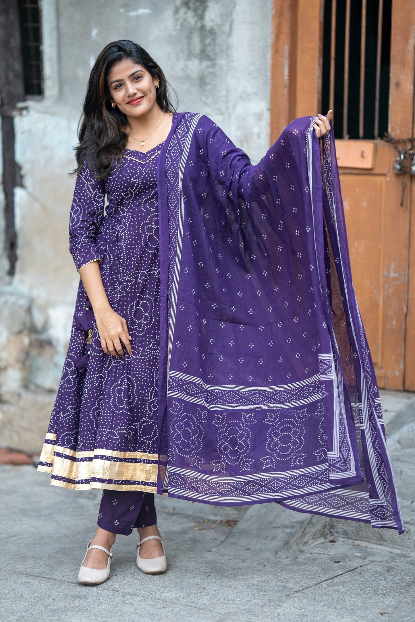 Gulbandh Purple Bandhani Anarkali Suit Set