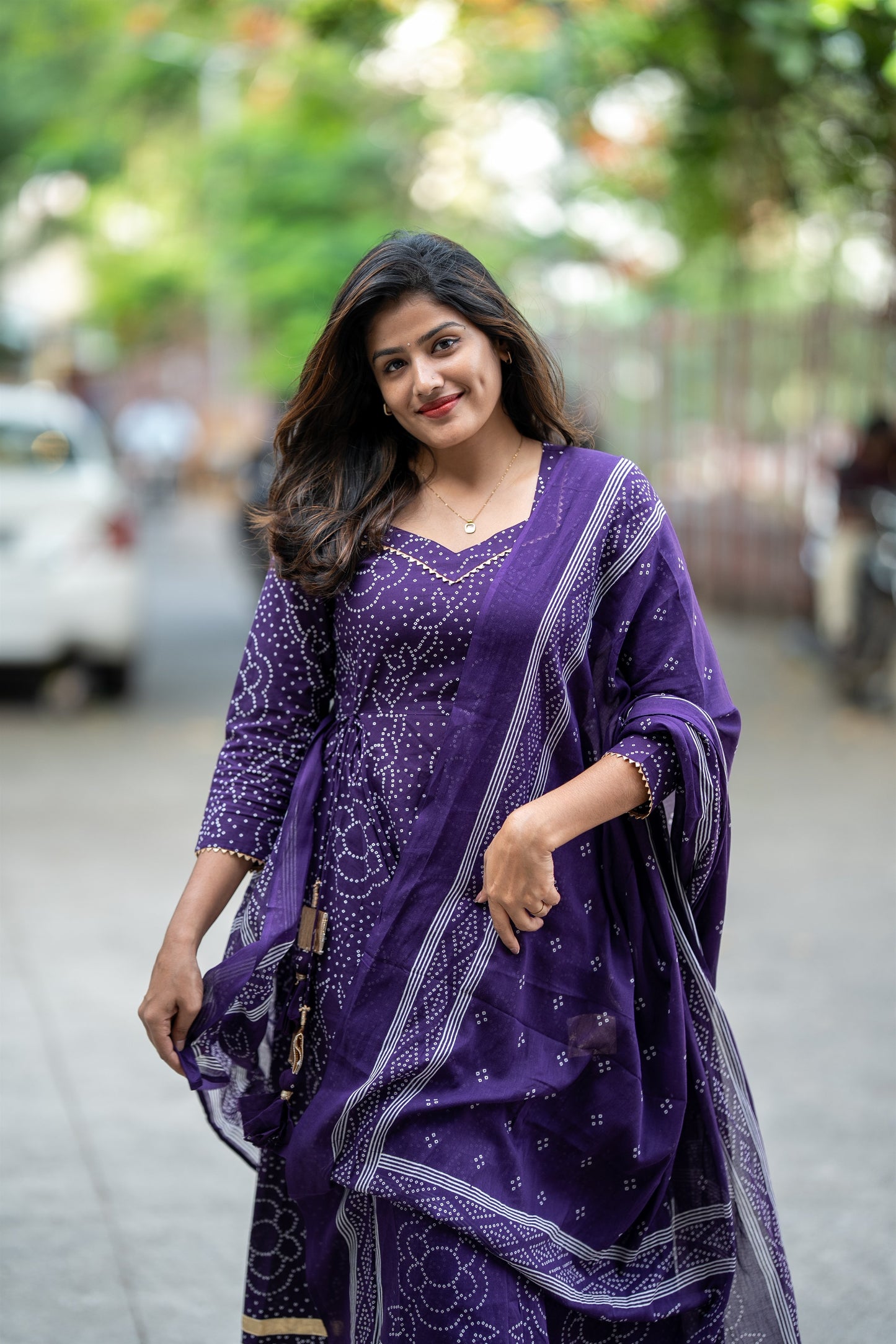 Gulbandh Purple Bandhani Anarkali Suit Set