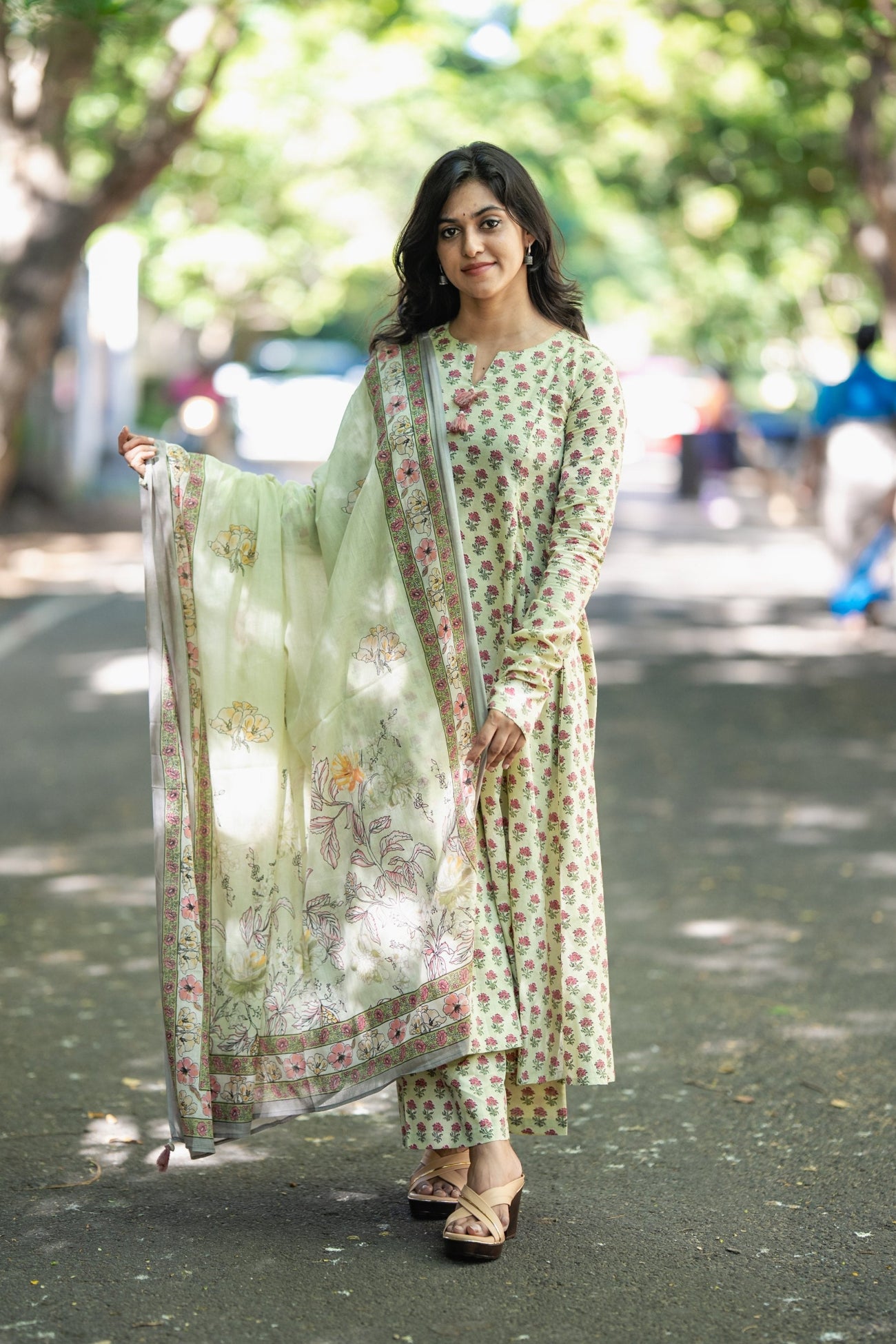 Mogra Sage Green Cotton Anarkali Suit Set