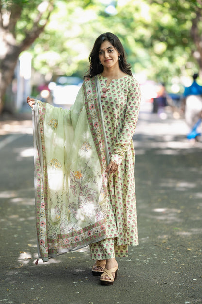 Mogra Sage Green Cotton Anarkali Suit Set