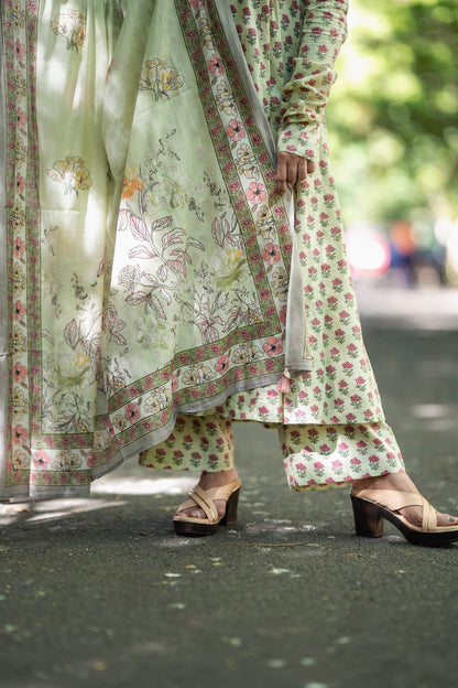 Mogra Sage Green Cotton Anarkali Suit Set