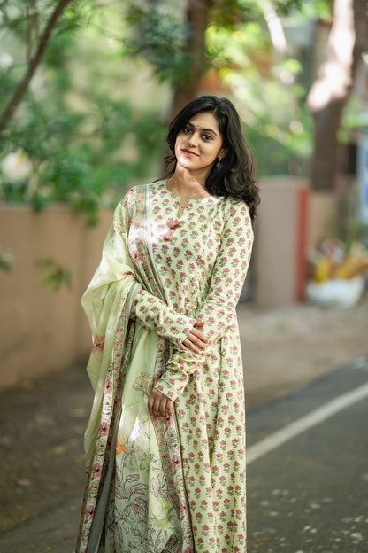 Mogra Sage Green Cotton Anarkali Suit Set