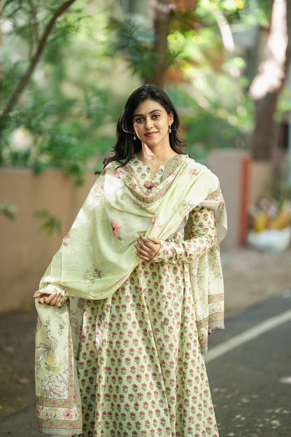Mogra Sage Green Cotton Anarkali Suit Set