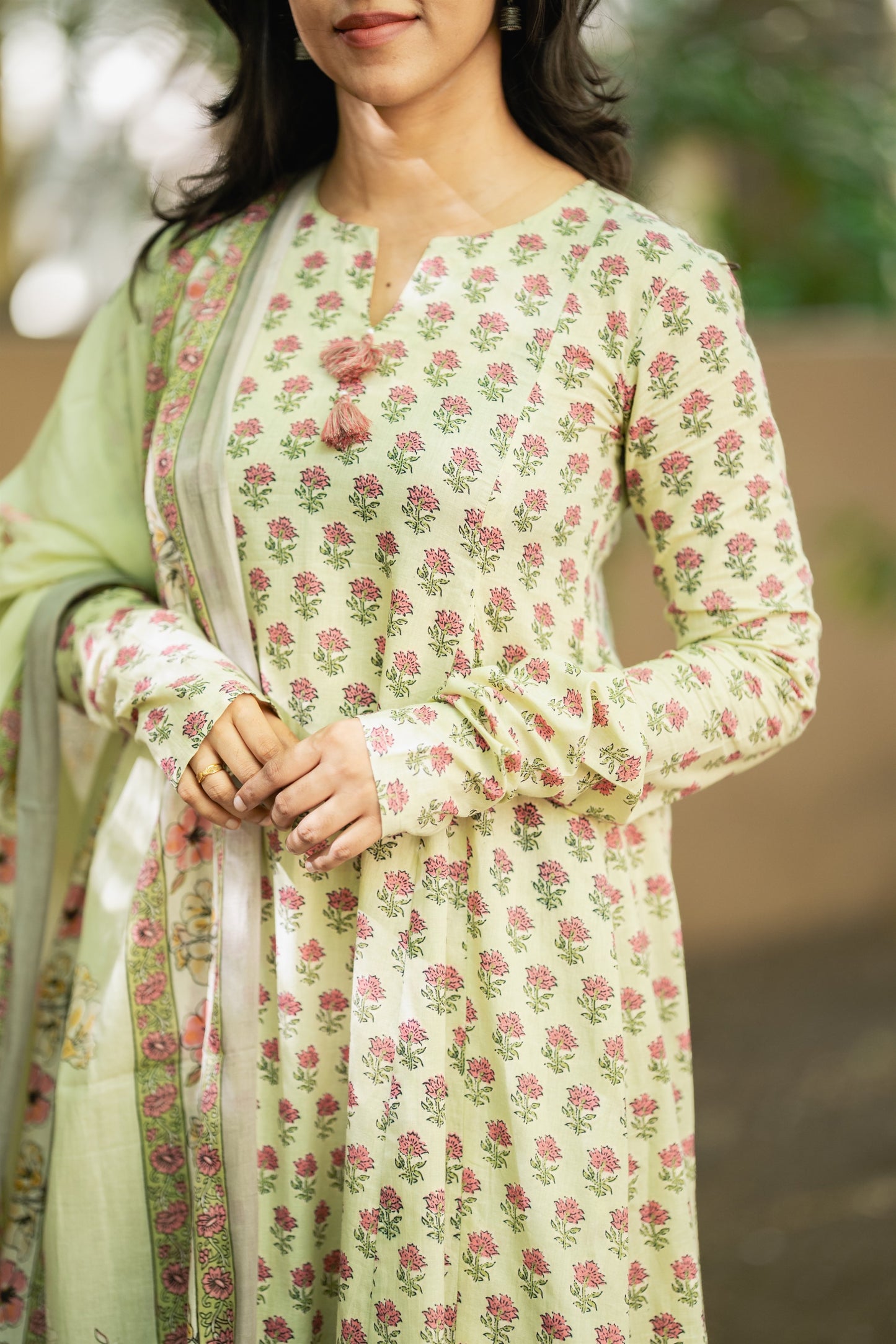 Mogra Sage Green Cotton Anarkali Suit Set