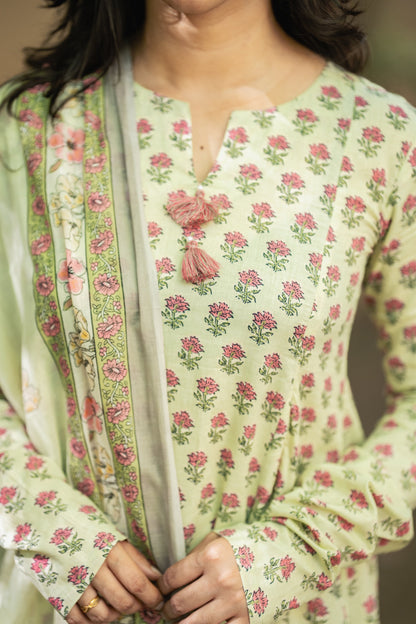 Mogra Sage Green Cotton Anarkali Suit Set