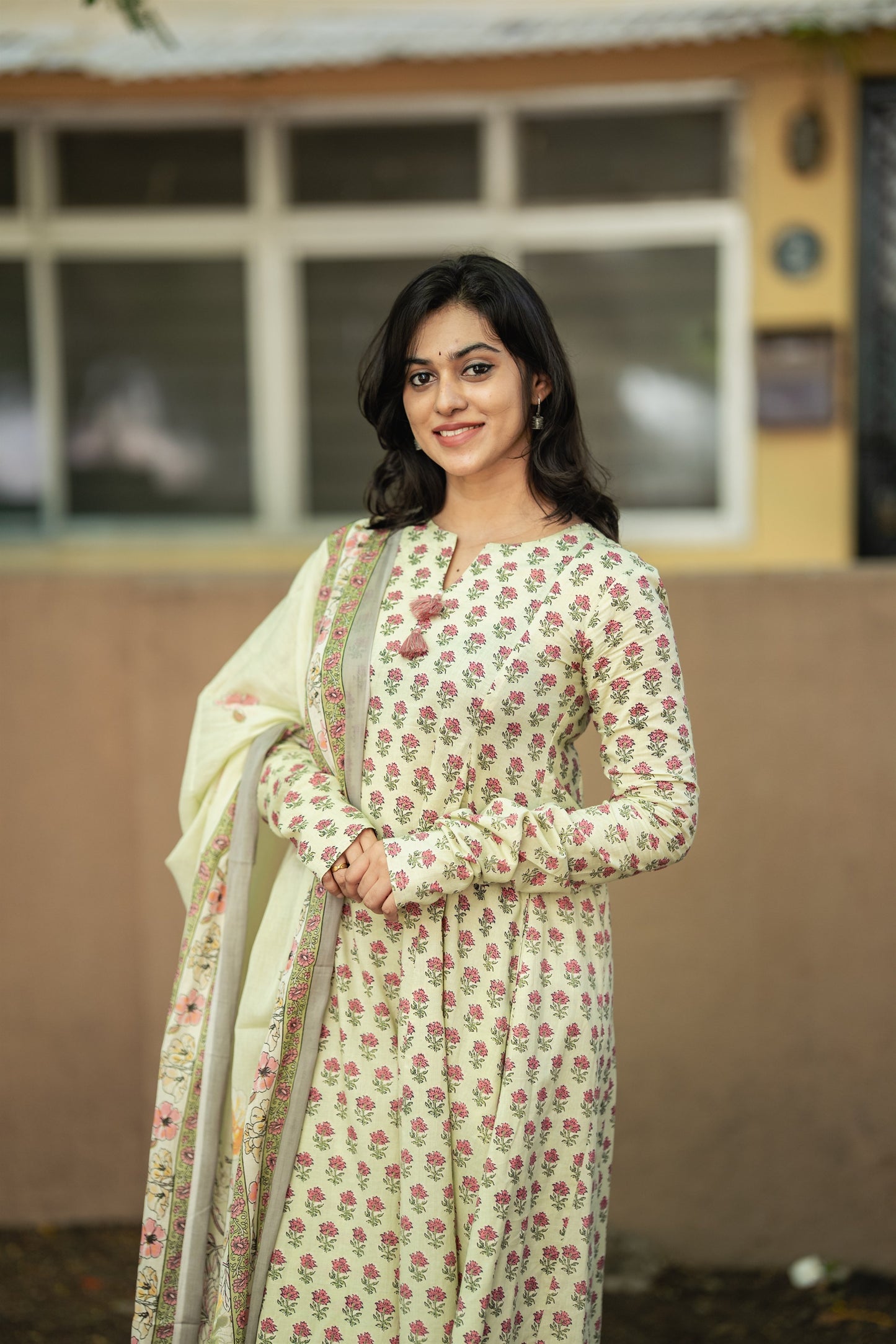 Mogra Sage Green Cotton Anarkali Suit Set