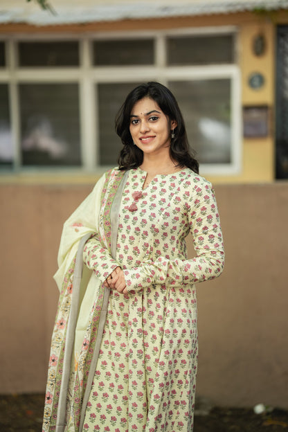 Mogra Sage Green Cotton Anarkali Suit Set