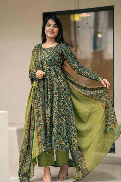 Falak Ajrakh Print Cotton Anarkali Suit Set