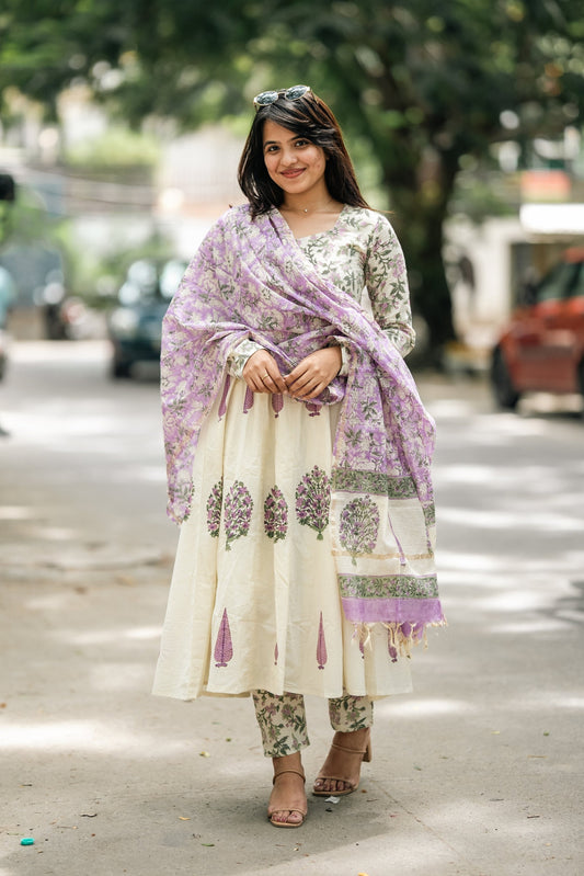 Gulnaar Hand Block Cotton Anarkali Suit Set