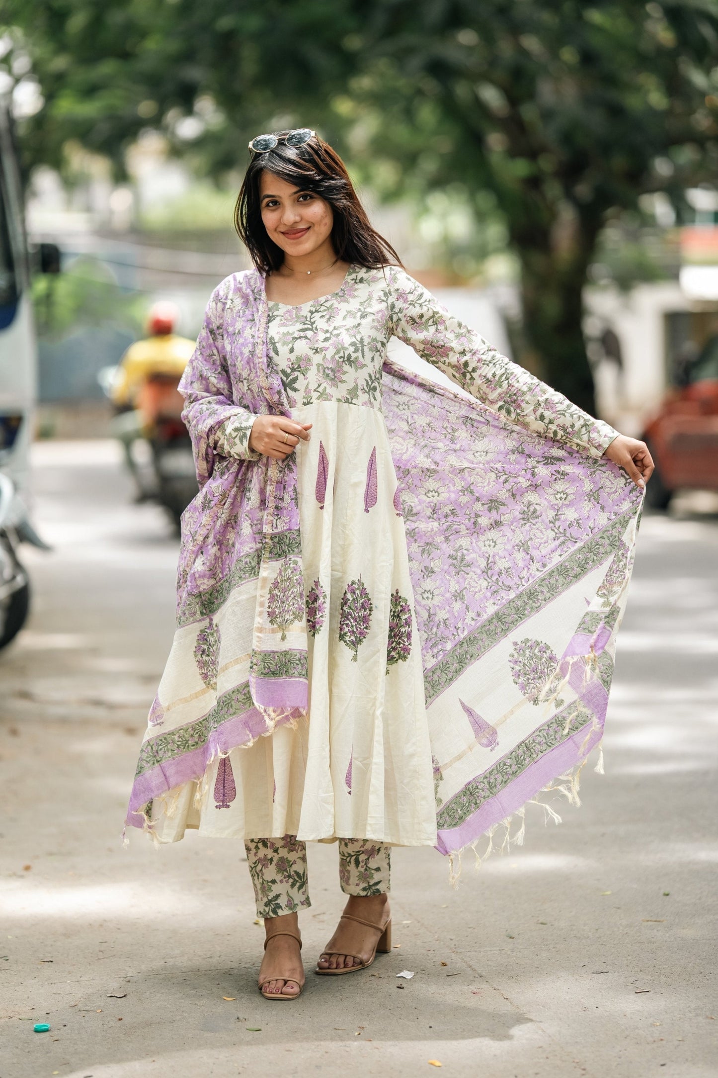 Gulnaar Hand Block Cotton Anarkali Suit Set