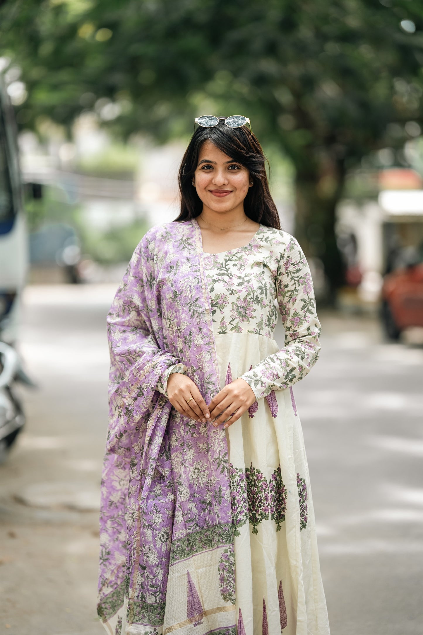 Gulnaar Hand Block Cotton Anarkali Suit Set