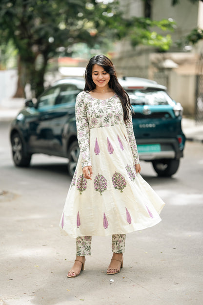 Gulnaar Hand Block Cotton Anarkali Suit Set