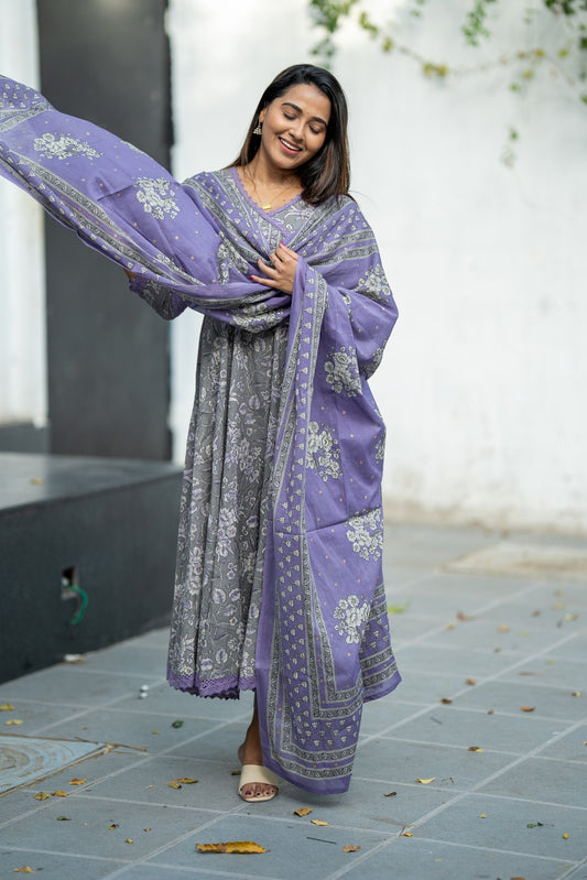 Lavender Bloom Cotton Anarkali Suit Set