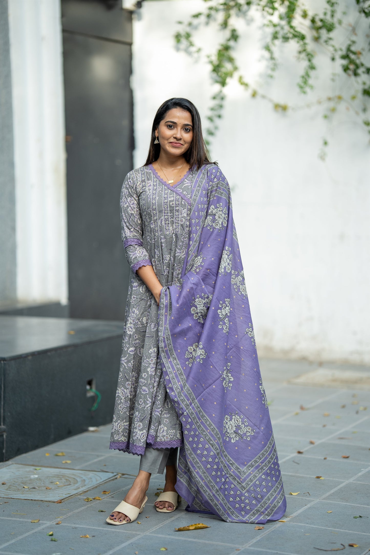 Lavender Bloom Cotton Anarkali Suit Set