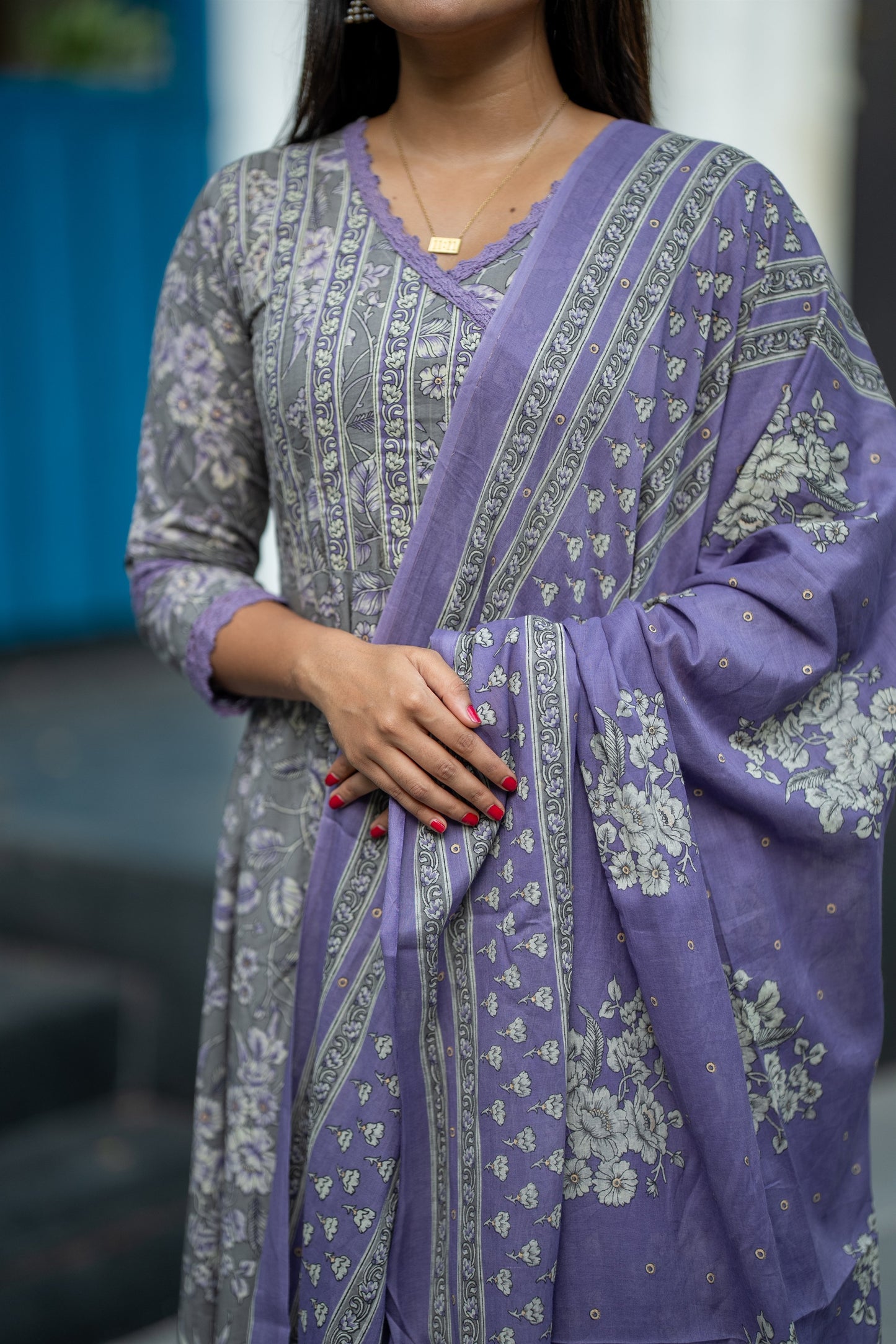 Lavender Bloom Cotton Anarkali Suit Set