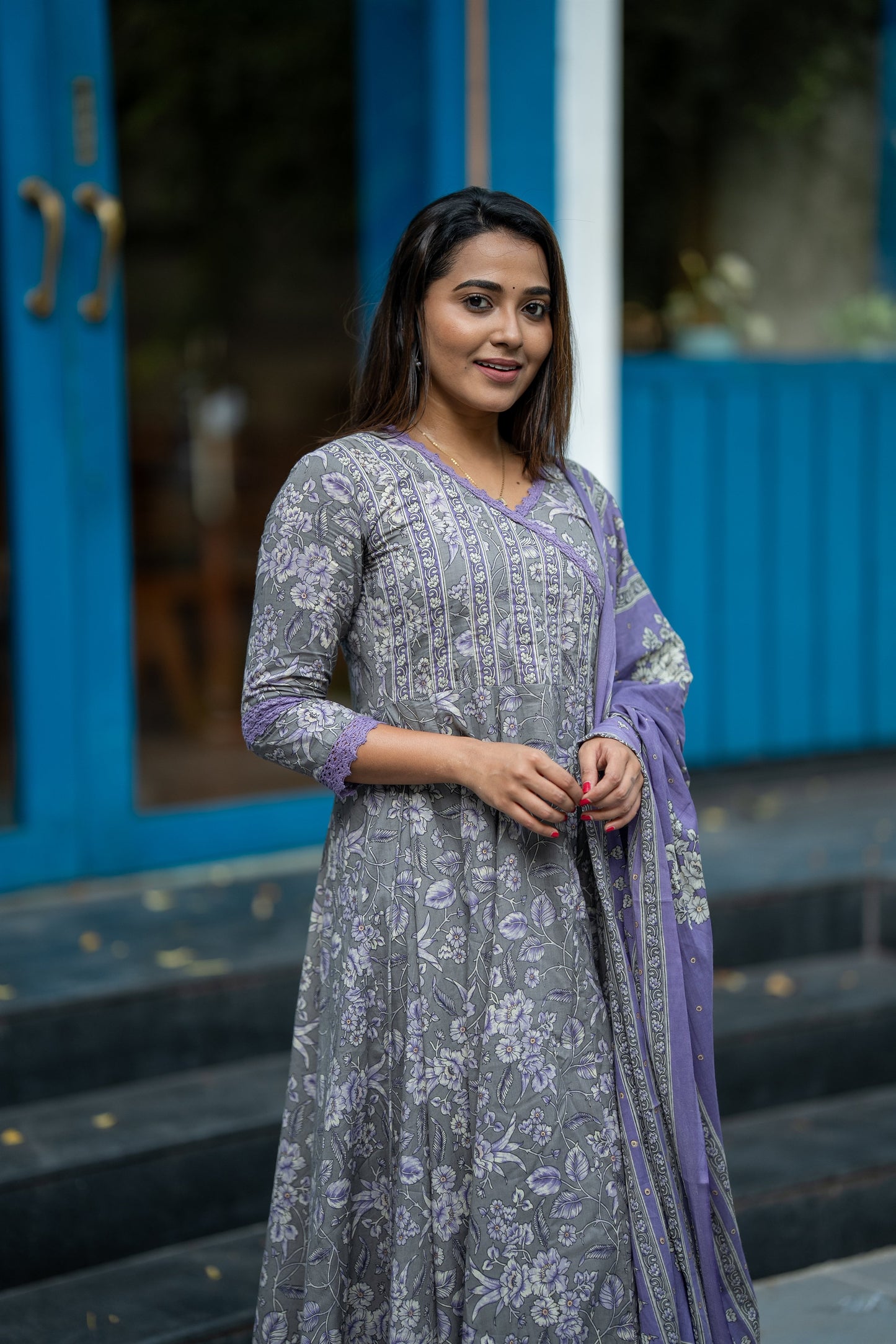 Lavender Bloom Cotton Anarkali Suit Set