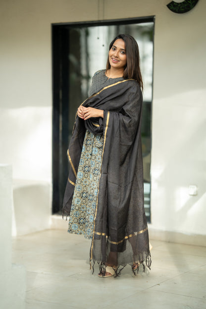 Siyahi Ajrakh Print Cotton Anarkali Suit Set