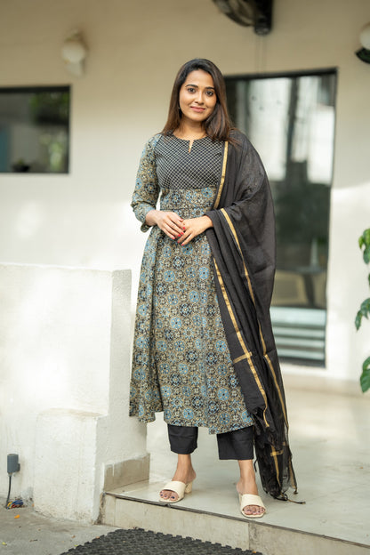 Siyahi Ajrakh Print Cotton Anarkali Suit Set