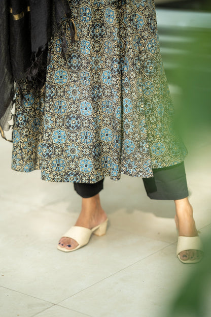 Siyahi Ajrakh Print Cotton Anarkali Suit Set