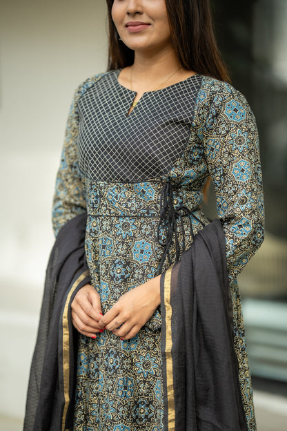 Siyahi Ajrakh Print Cotton Anarkali Suit Set