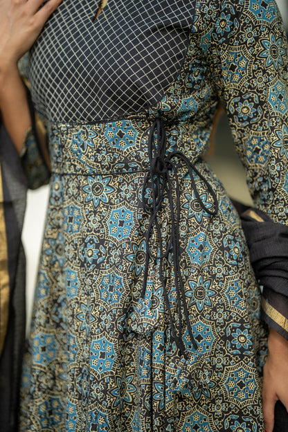 Siyahi Ajrakh Print Cotton Anarkali Suit Set
