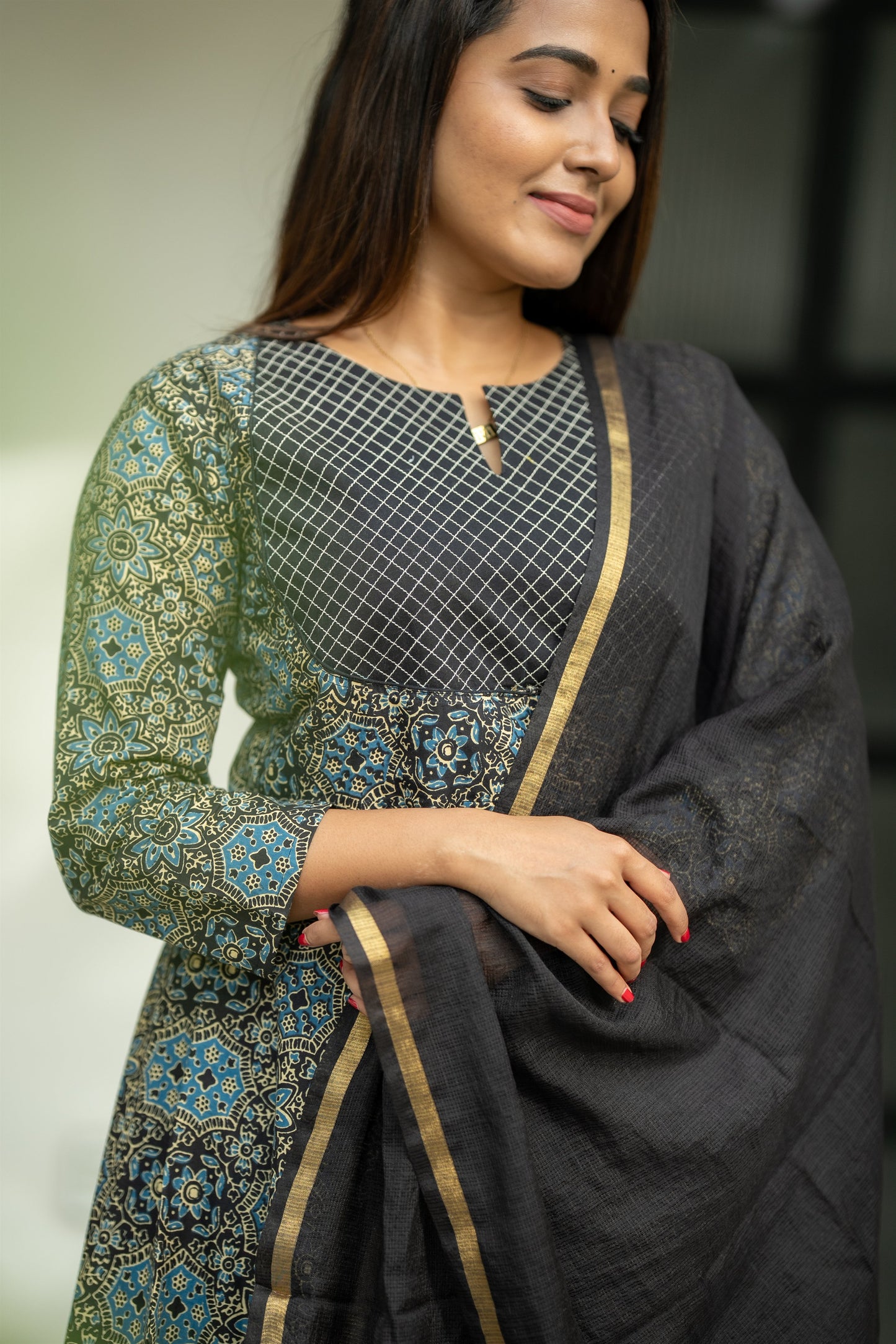 Siyahi Ajrakh Print Cotton Anarkali Suit Set