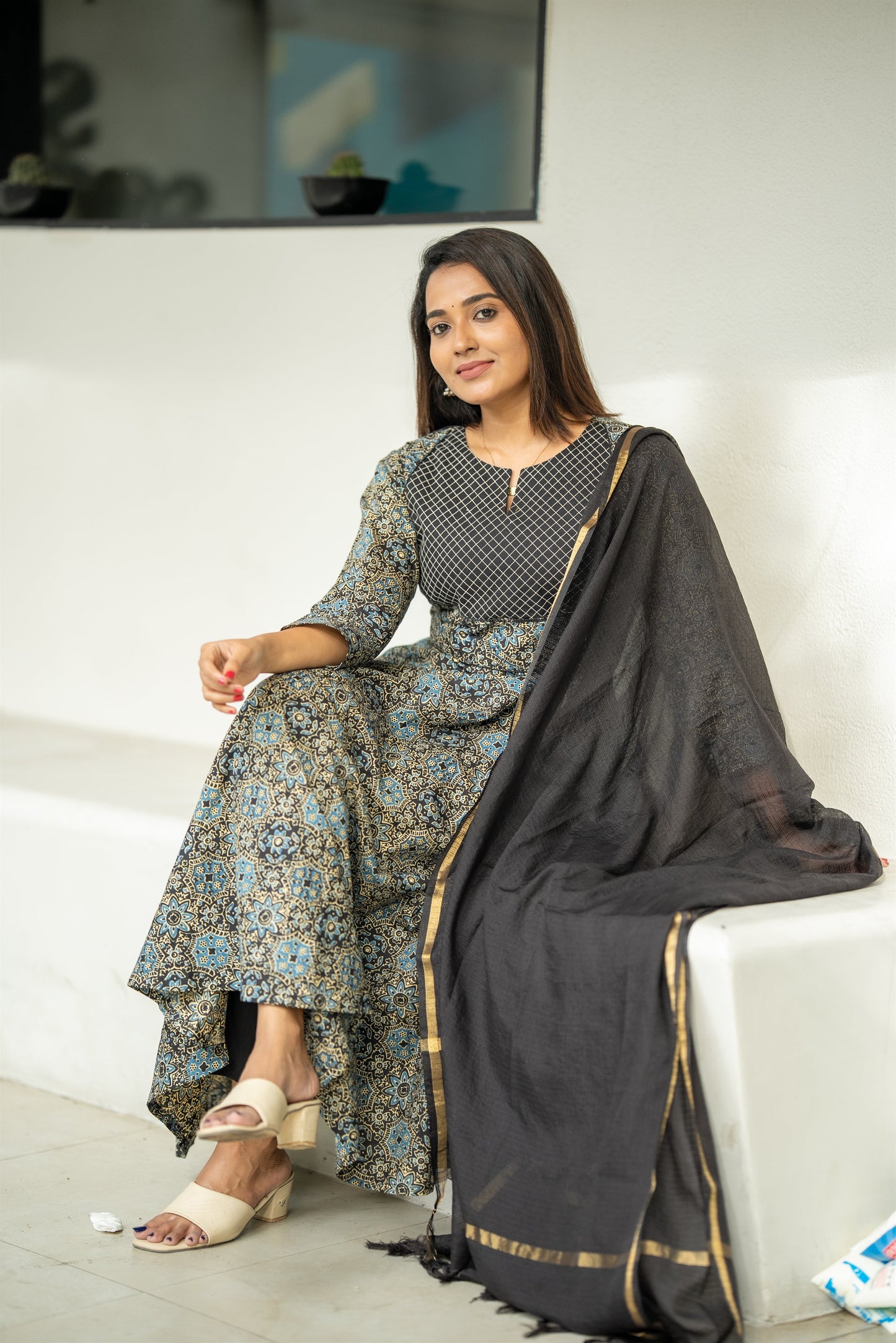 Siyahi Ajrakh Print Cotton Anarkali Suit Set