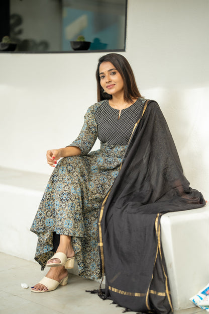 Siyahi Ajrakh Print Cotton Anarkali Suit Set