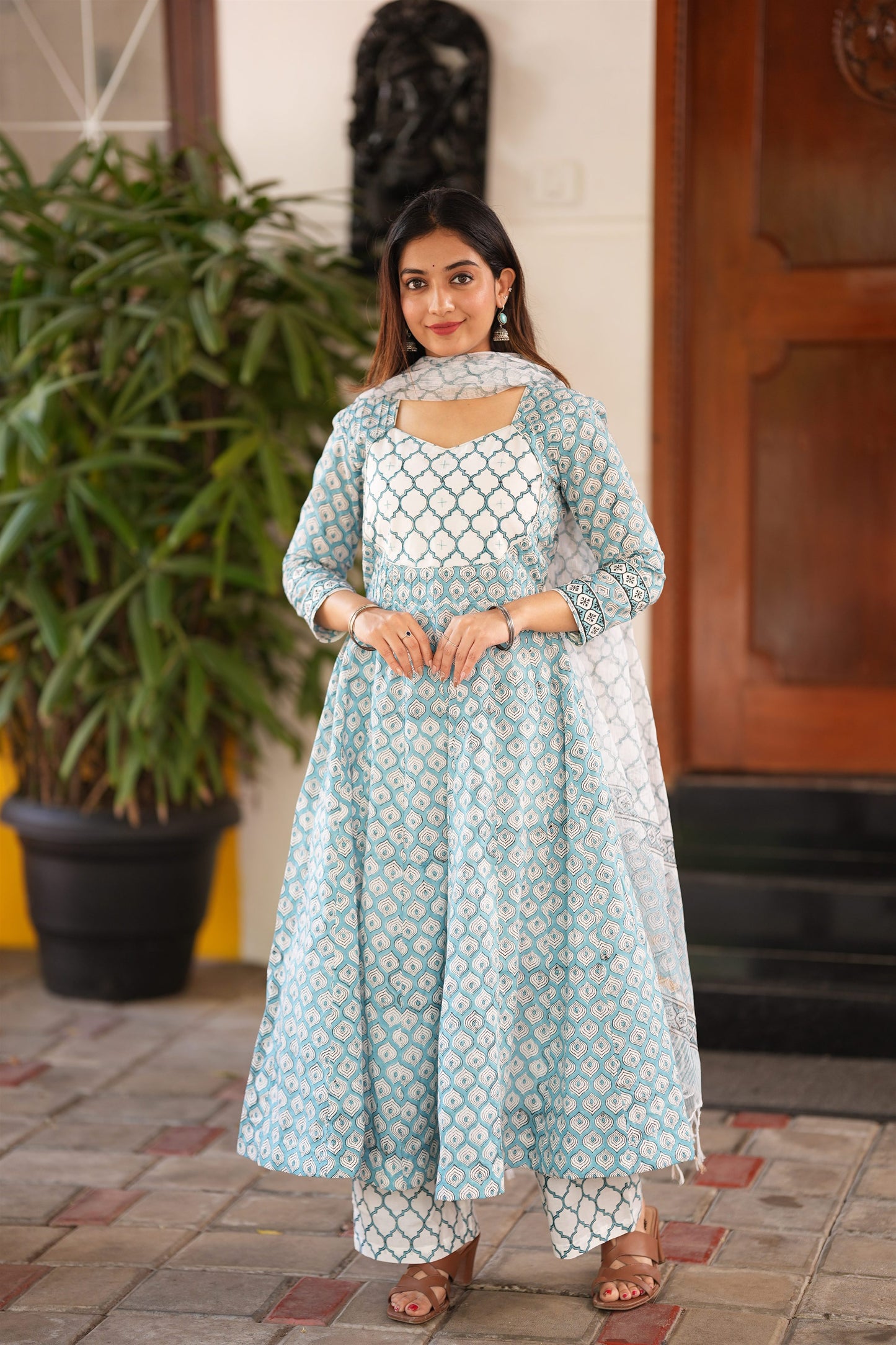 Neel Handblock Anarkali Suit Set