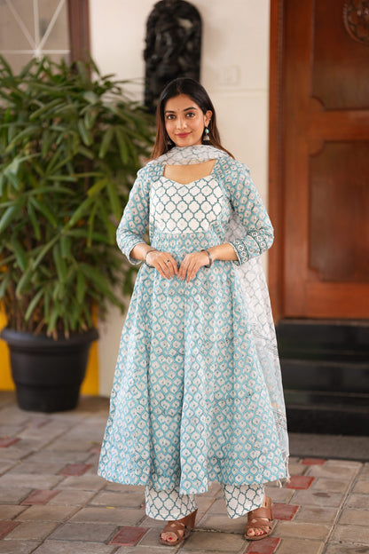 Neel Handblock Anarkali Suit Set