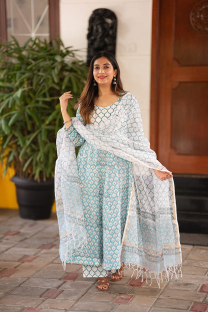 Neel Handblock Anarkali Suit Set