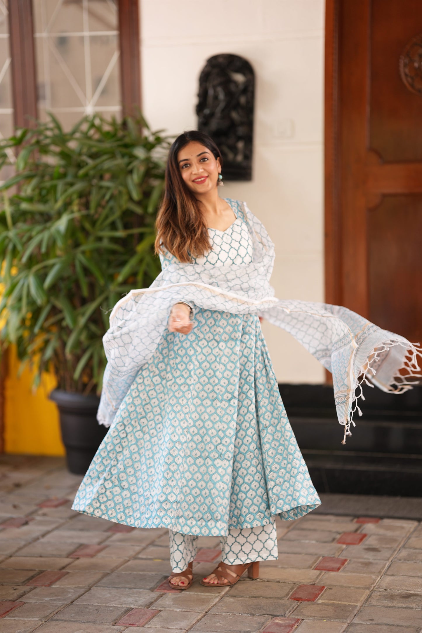 Neel Handblock Anarkali Suit Set