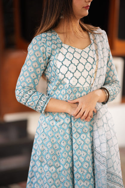Neel Handblock Anarkali Suit Set
