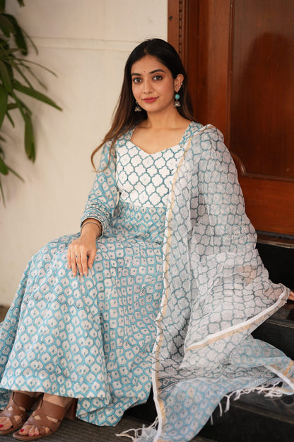 Neel Handblock Anarkali Suit Set