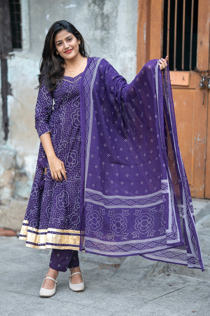 Gulbandh Purple Bandhani Anarkali Suit Set