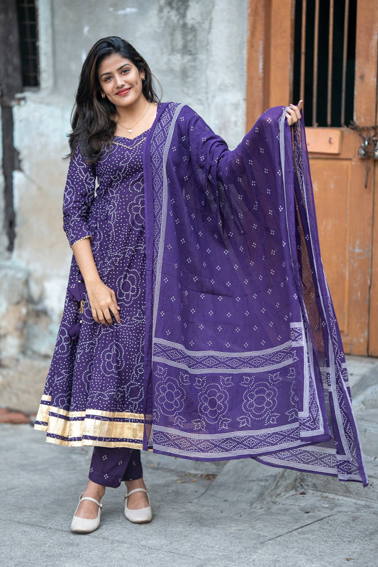 Gulbandh Purple Bandhani Anarkali Suit Set