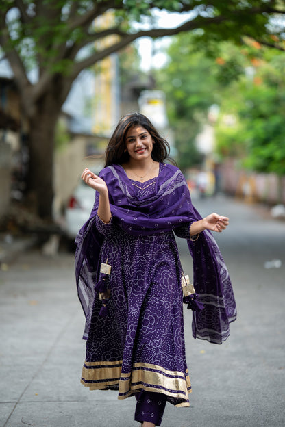 Gulbandh Purple Bandhani Anarkali Suit Set